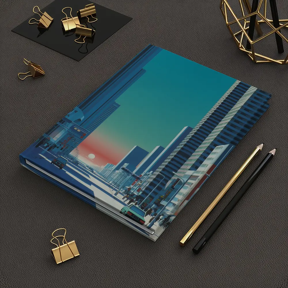 Retro City Street Sunset Blue Skyscraper – Notebooks