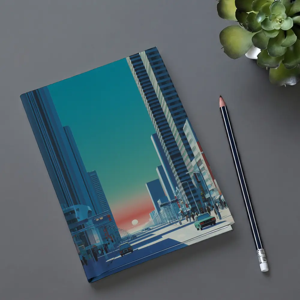 Retro City Street Sunset Blue Skyscraper – Notebooks