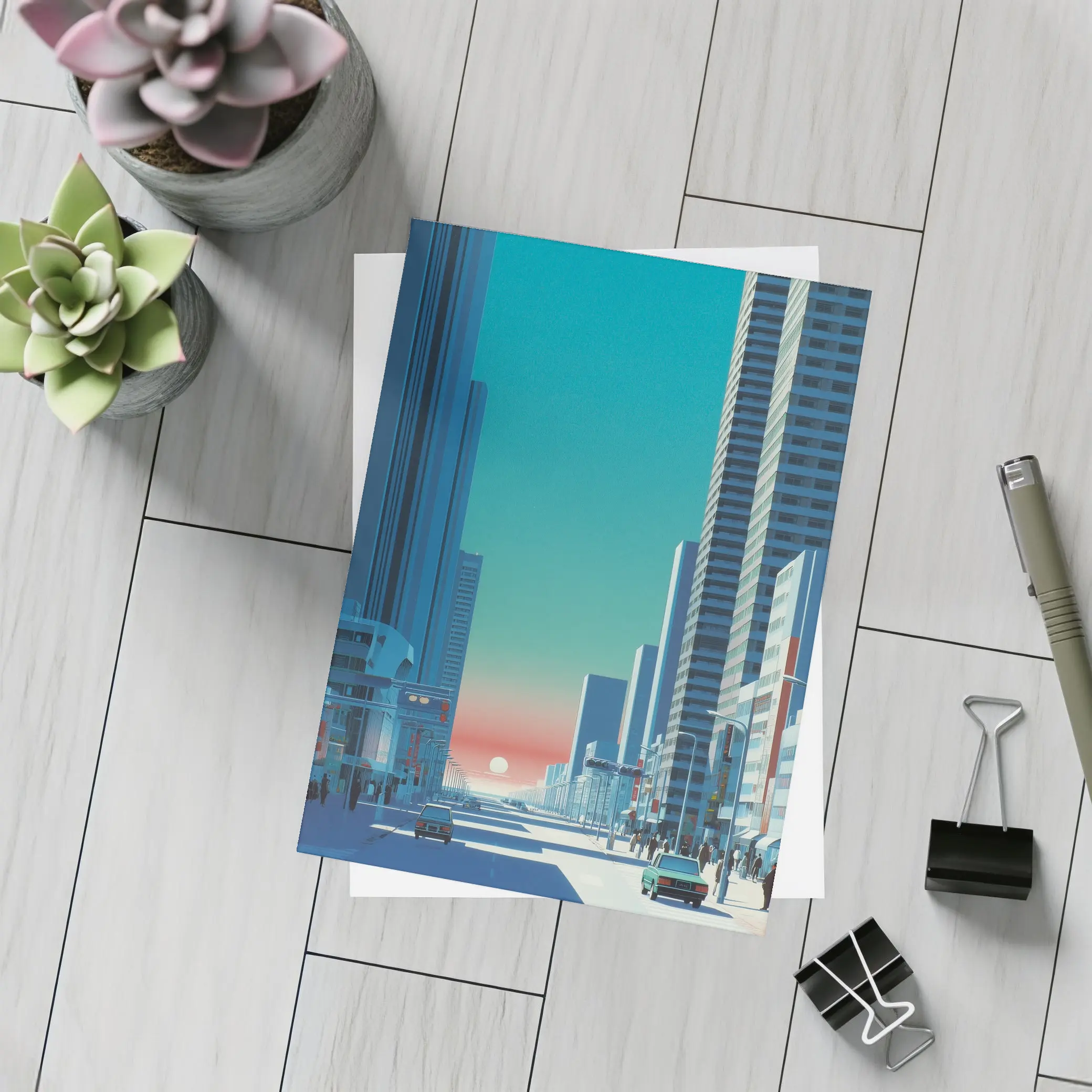 Retro City Street Sunset Blue Skyscraper – Postcards