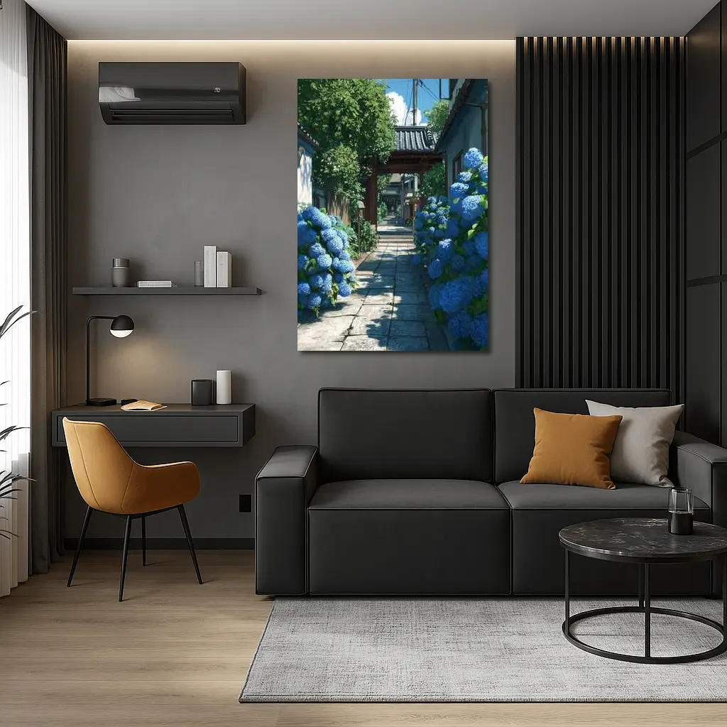 Blue Hydrangeas Japanese Alley Anime Style – Wall Art