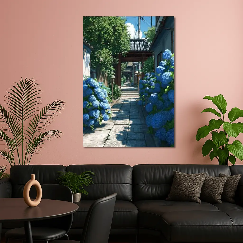 Blue Hydrangeas Japanese Alley Anime Style – Wall Art