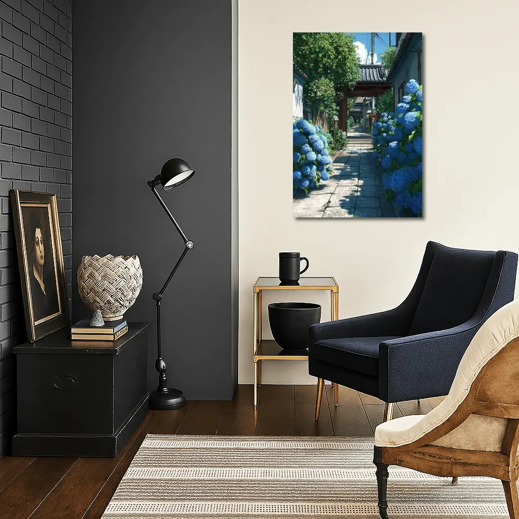 Blue Hydrangeas Japanese Alley Anime Style – Wall Art