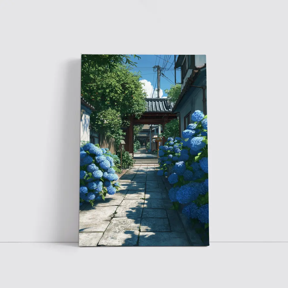 Blue Hydrangeas Japanese Alley Anime Style – Wall Art
