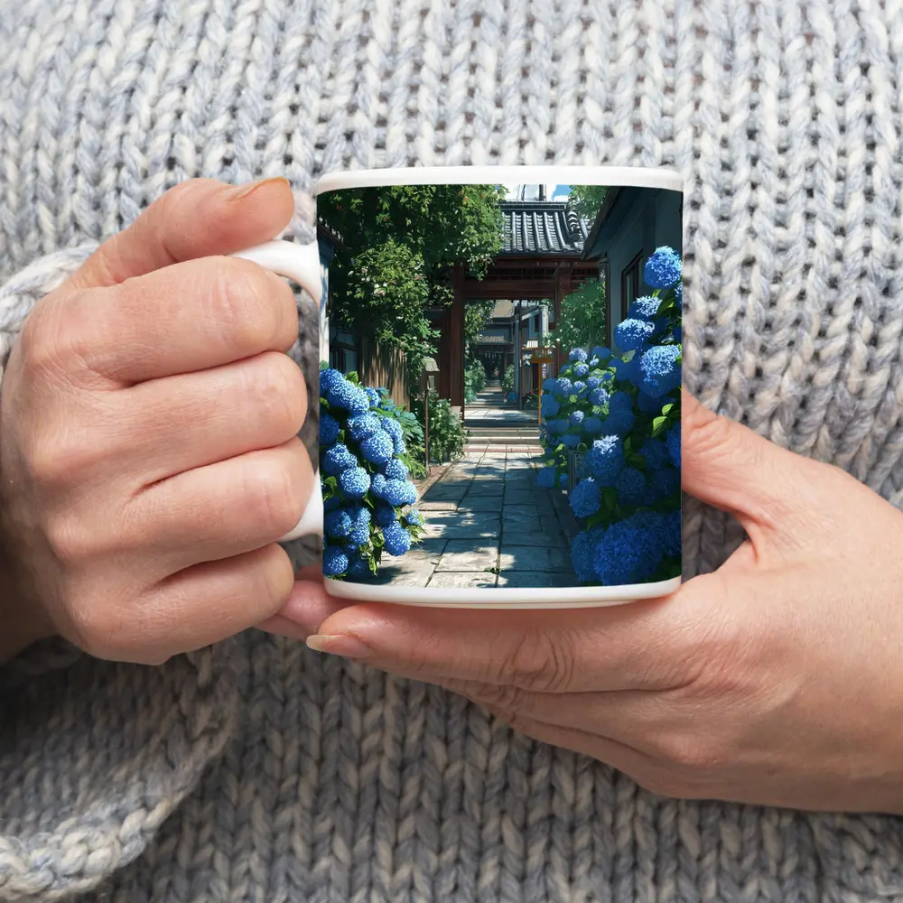 Blue Hydrangeas Japanese Alley Anime Style – Mugs