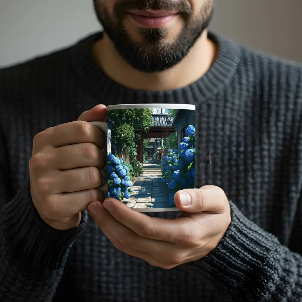 Blue Hydrangeas Japanese Alley Anime Style – Mugs