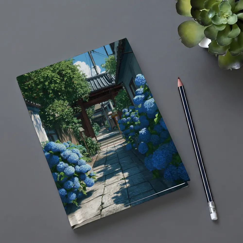 Blue Hydrangeas Japanese Alley Anime Style – Notebooks