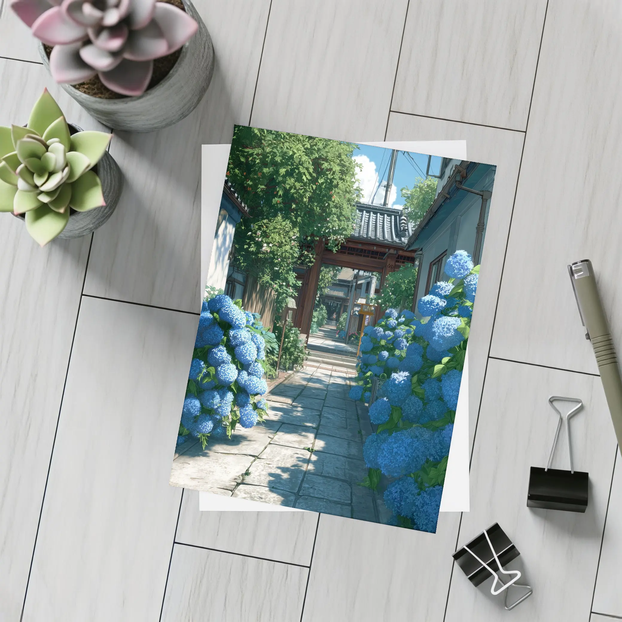 Blue Hydrangeas Japanese Alley Anime Style – Postcards
