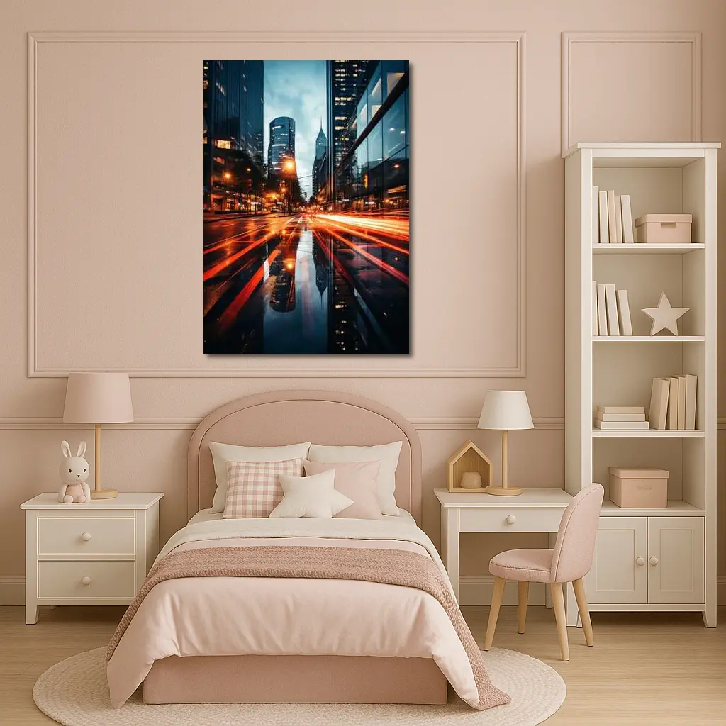 Rainy City Street Long Exposure Night – Wall Art