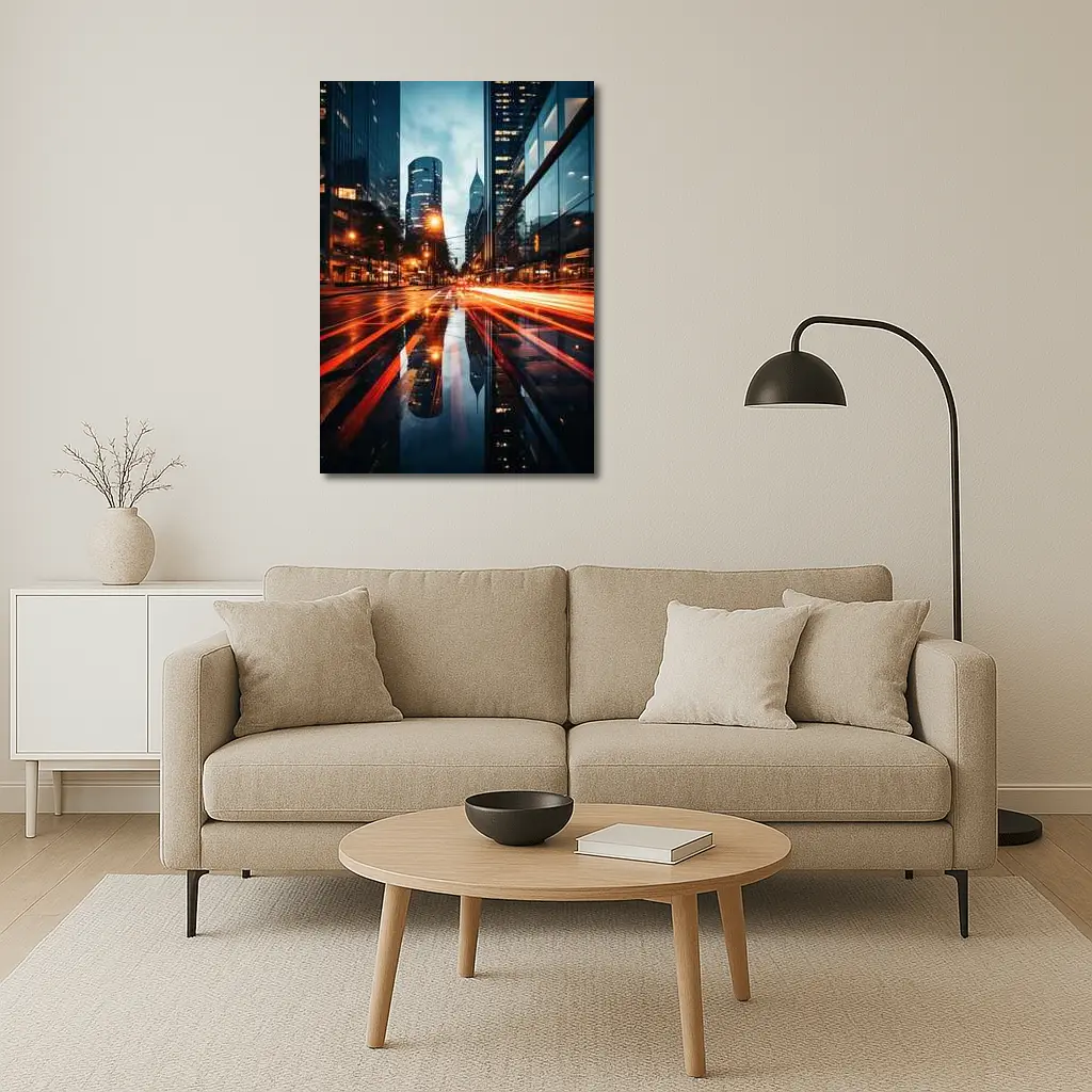 Rainy City Street Long Exposure Night – Wall Art