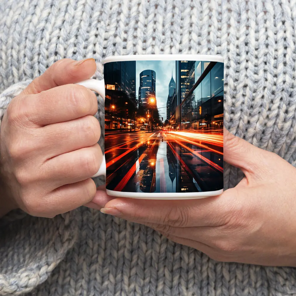 Rainy City Street Long Exposure Night – Mugs