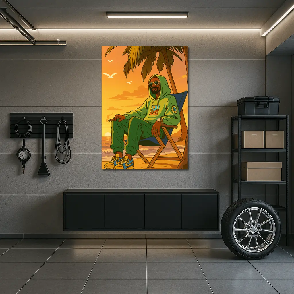 Relaxed Man Chilling Beach Sunset Cartoon – Wall Art