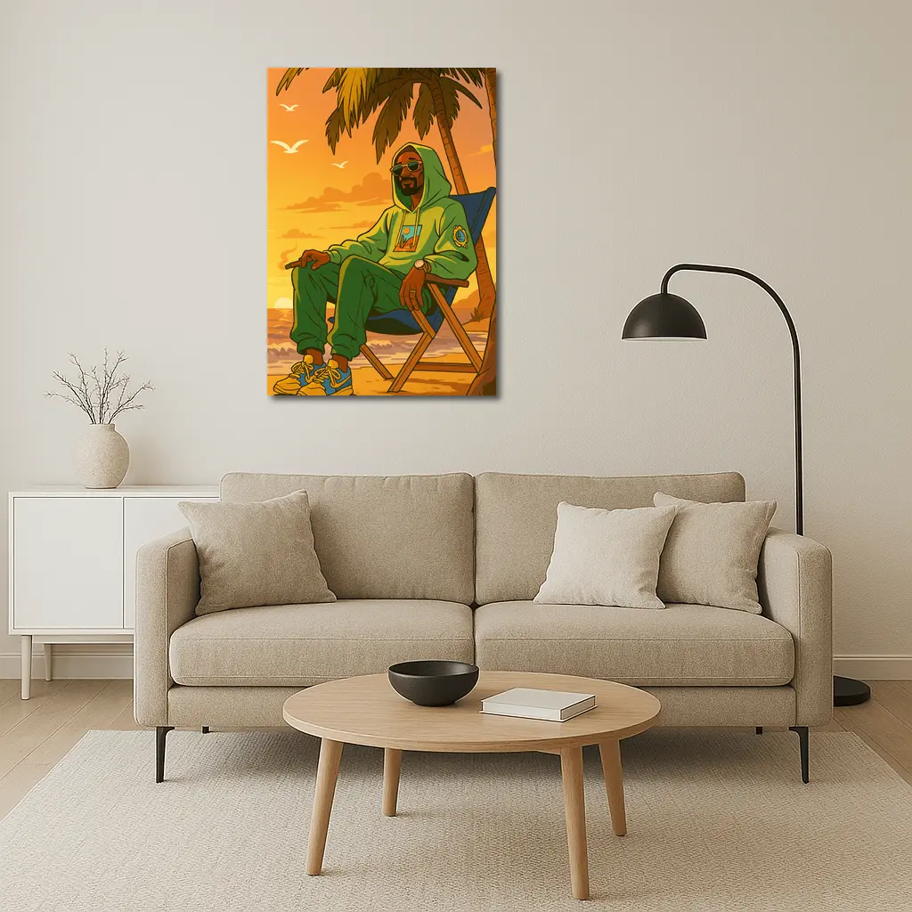 Relaxed Man Chilling Beach Sunset Cartoon – Wall Art
