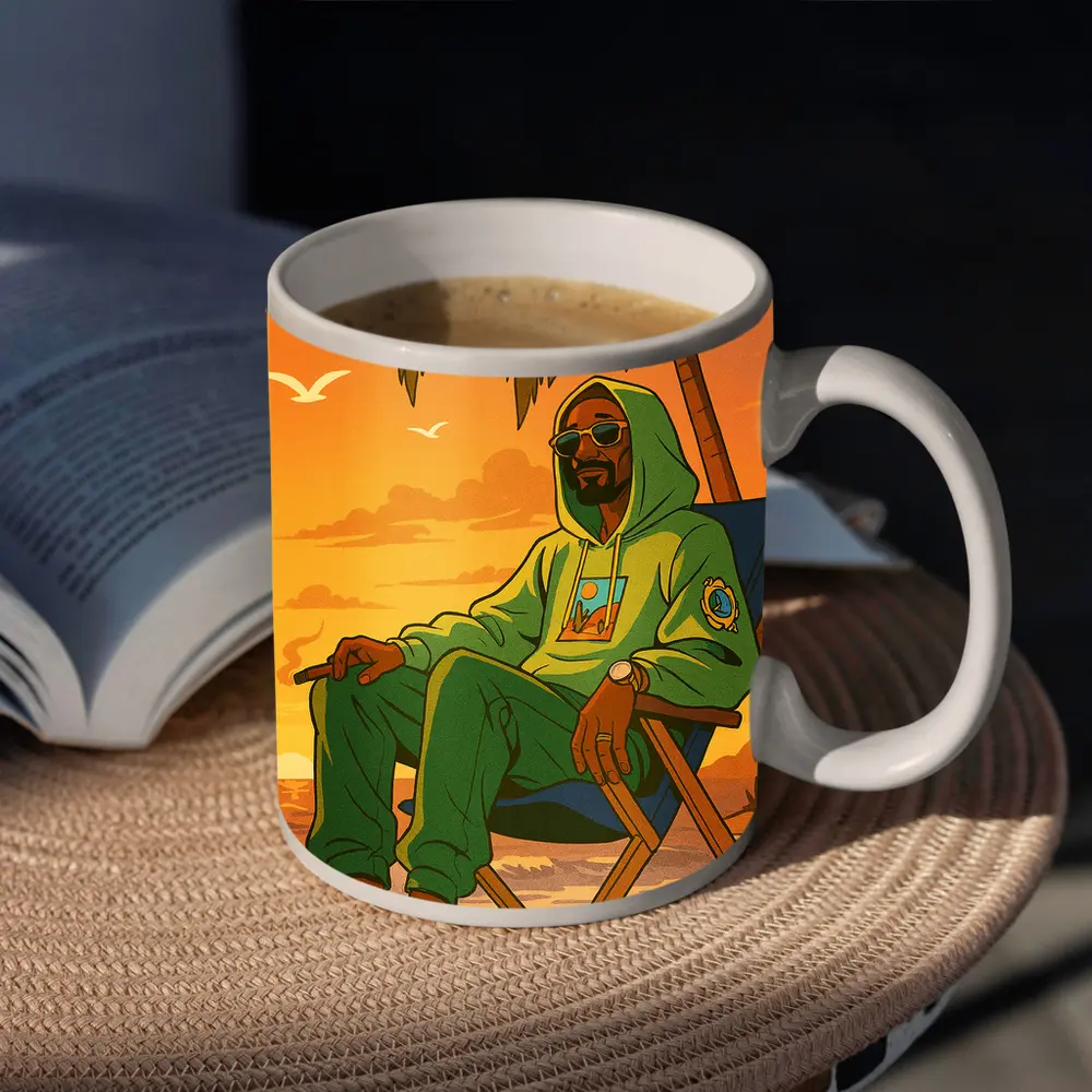 Relaxed Man Chilling Beach Sunset Cartoon – Mugs