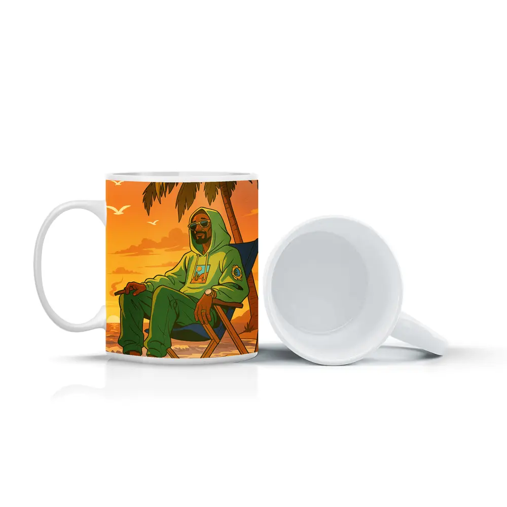 Relaxed Man Chilling Beach Sunset Cartoon – Mugs