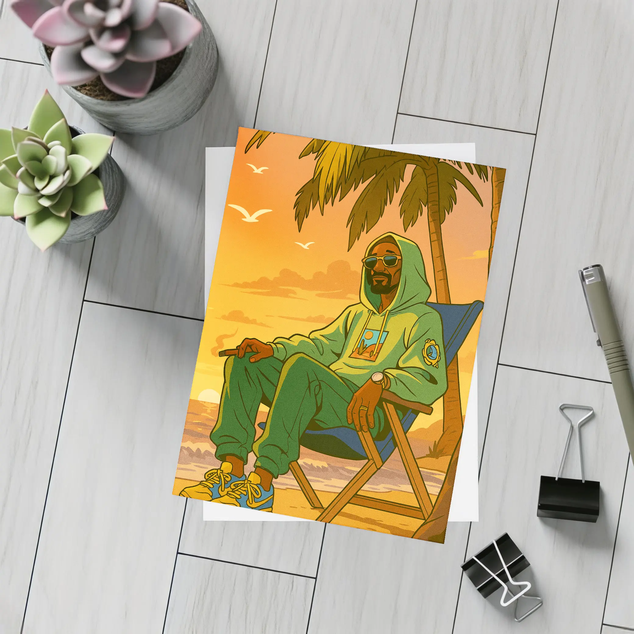 Relaxed Man Chilling Beach Sunset Cartoon – Postcards
