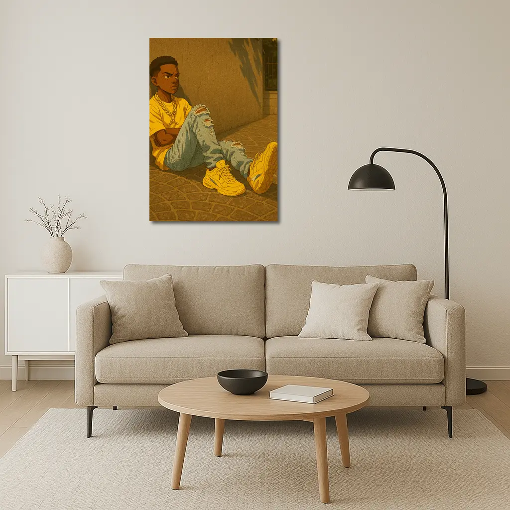 Anime Boy Sitting Against Urban Wall – Wall Art