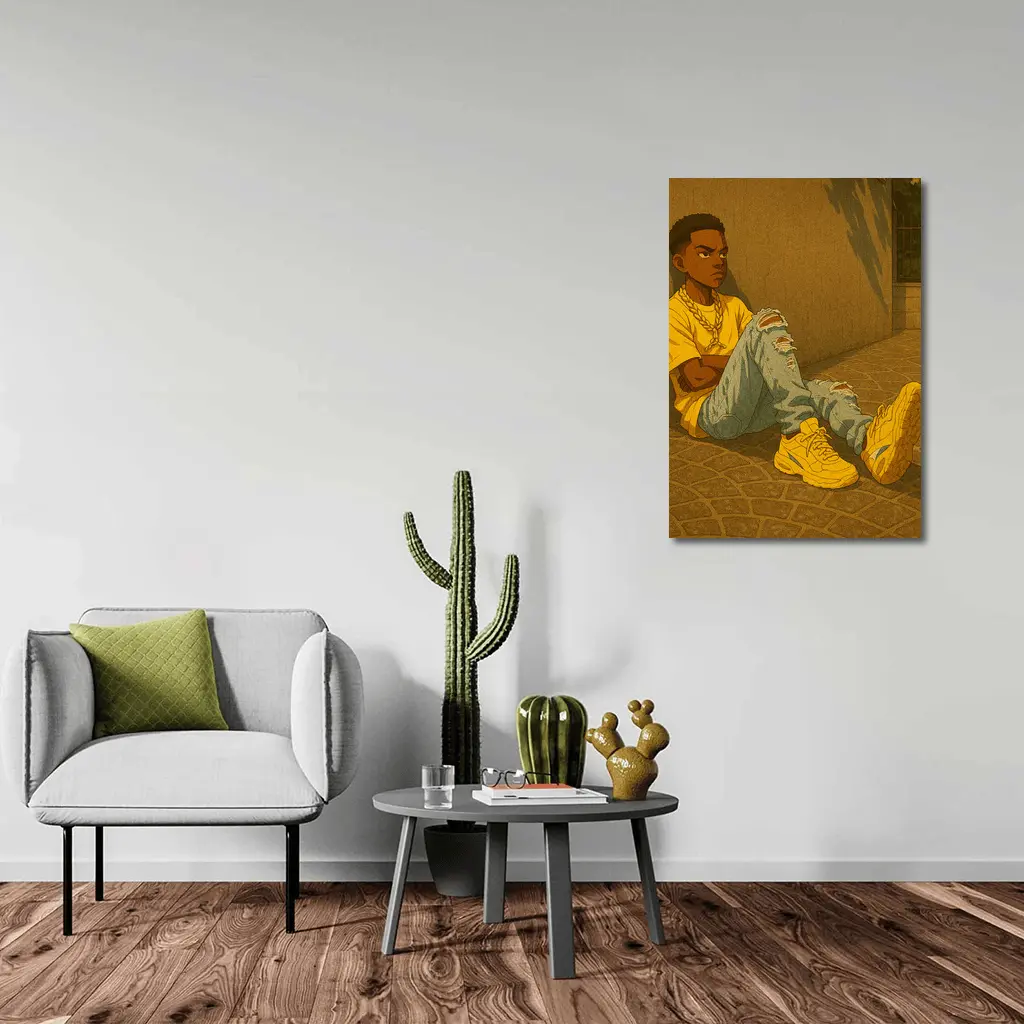 Anime Boy Sitting Against Urban Wall – Wall Art