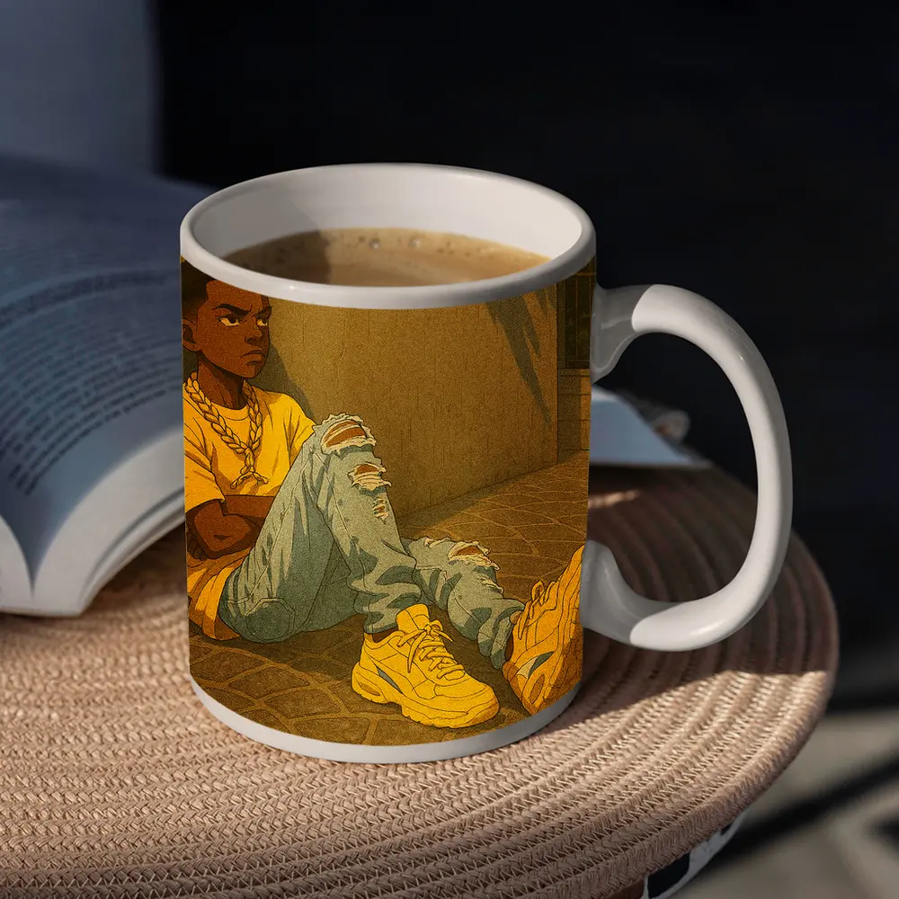 Anime Boy Sitting Against Urban Wall – Mugs