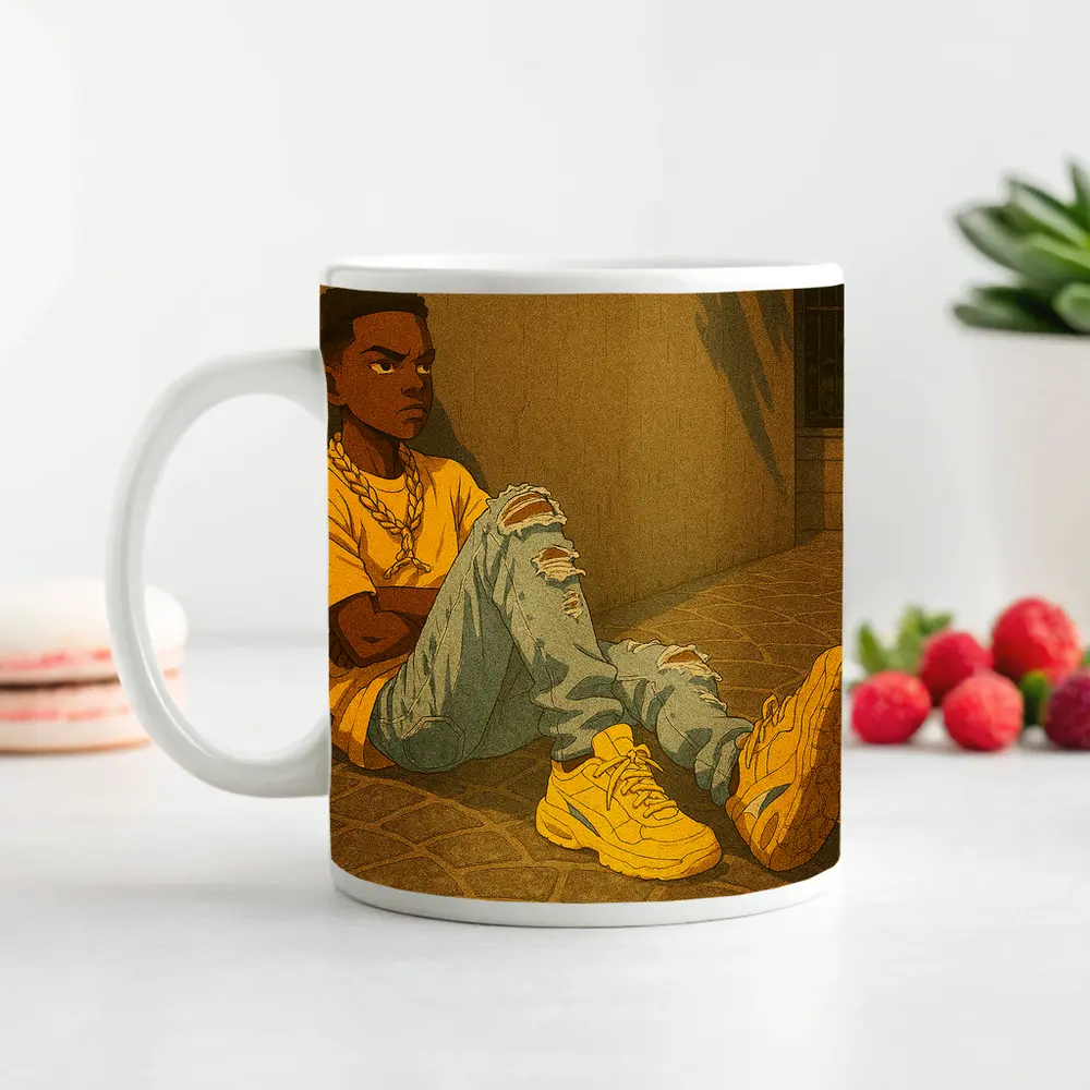 Anime Boy Sitting Against Urban Wall – Mugs