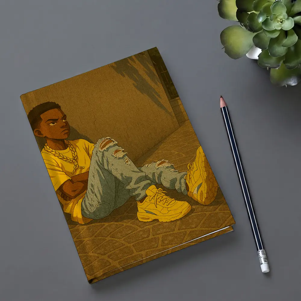 Anime Boy Sitting Against Urban Wall – Notebooks