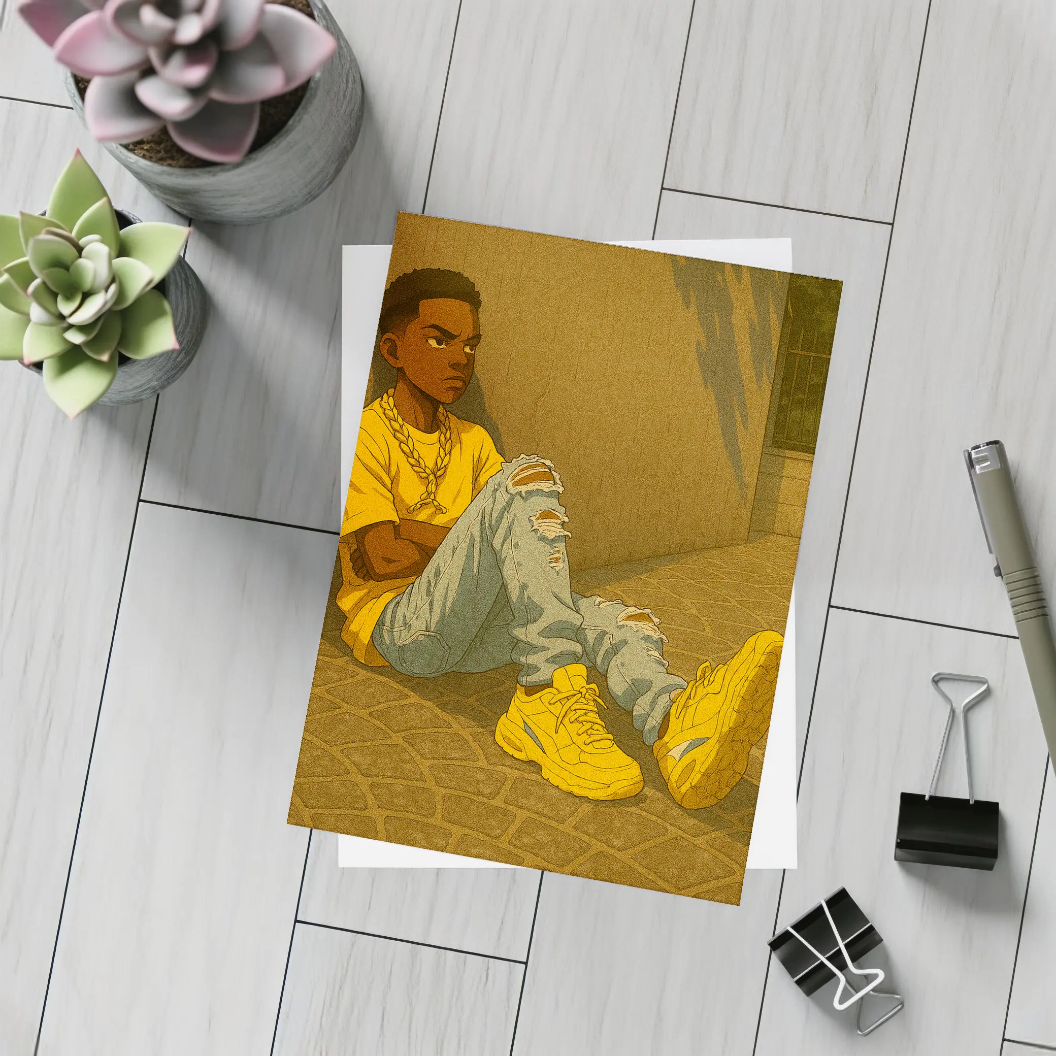 Anime Boy Sitting Against Urban Wall – Postcards