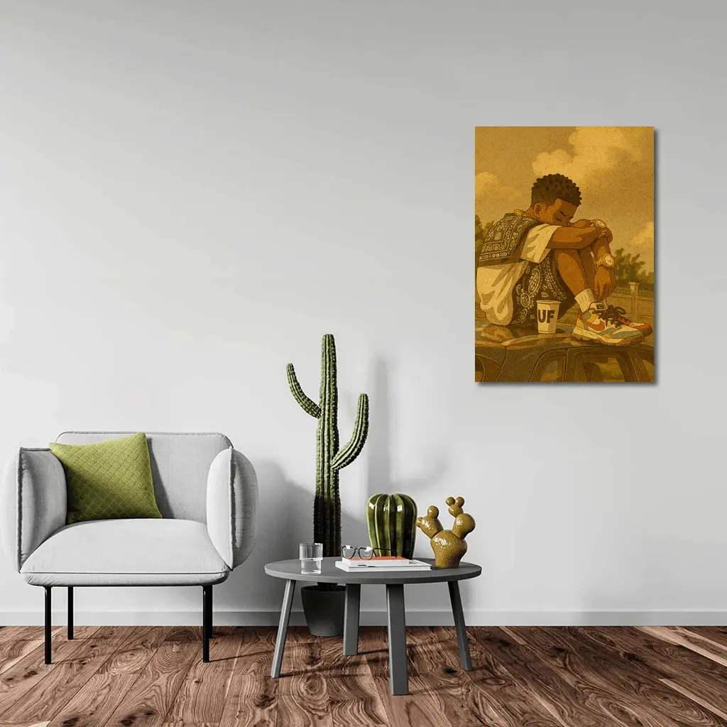 Young Man Sitting On Car Rooftop Illustration – Wall Art