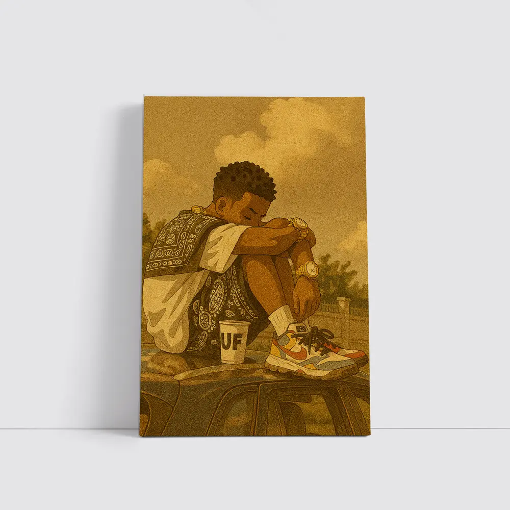 Young Man Sitting On Car Rooftop Illustration – Wall Art