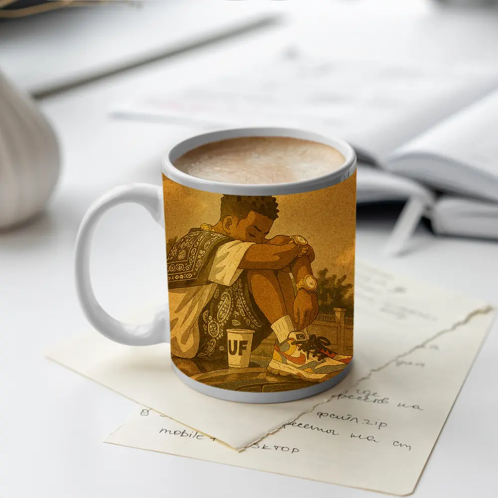 Young Man Sitting On Car Rooftop Illustration – Mugs