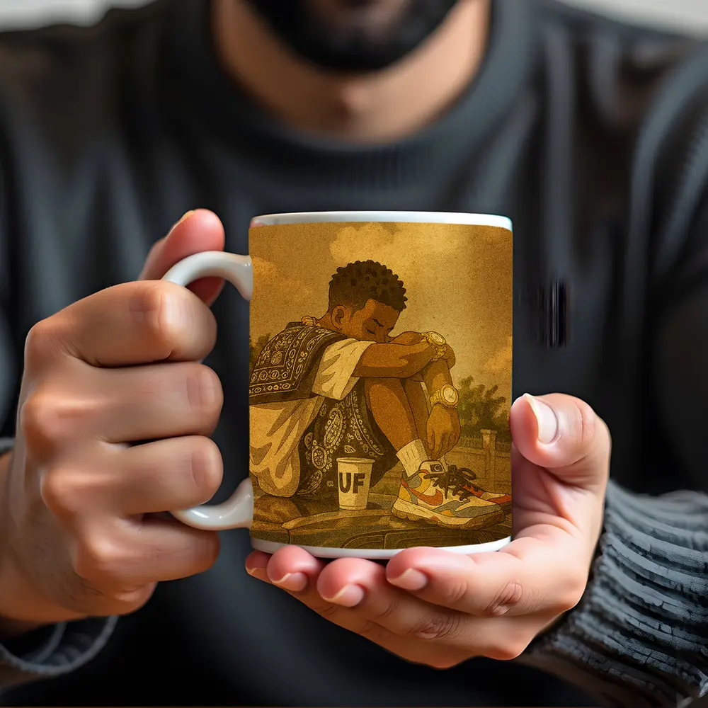 Young Man Sitting On Car Rooftop Illustration – Mugs