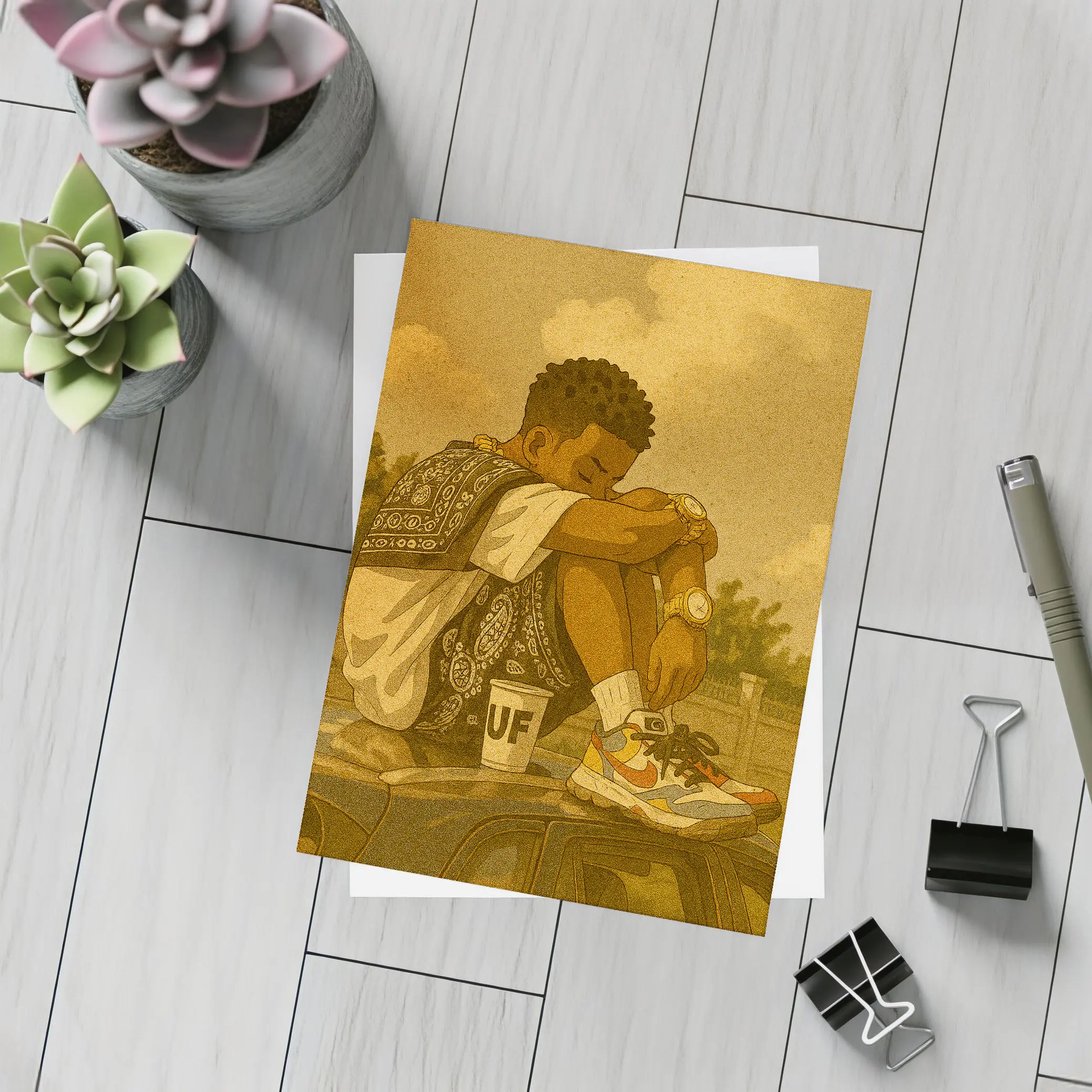 Young Man Sitting On Car Rooftop Illustration – Postcards