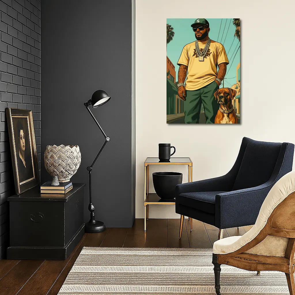 Tattooed Man Boxer Dog Urban Street – Wall Art