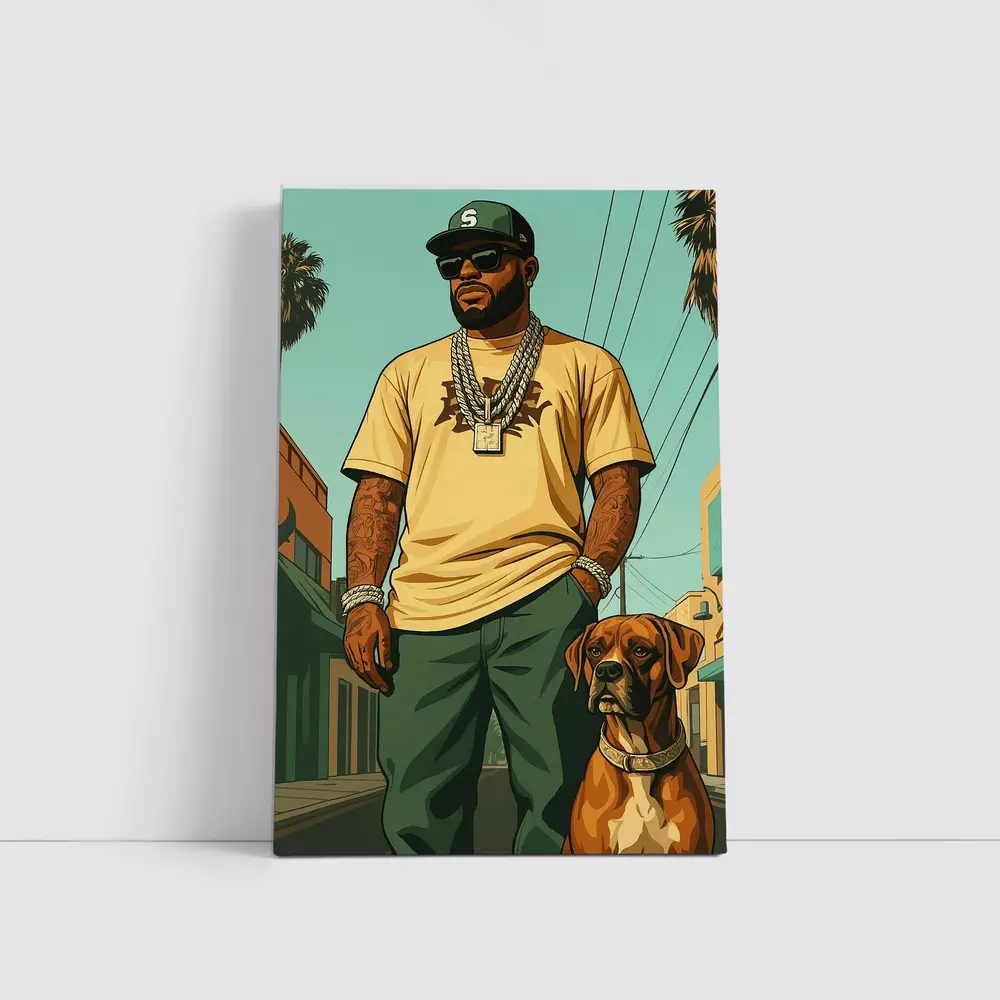 Tattooed Man Boxer Dog Urban Street – Wall Art