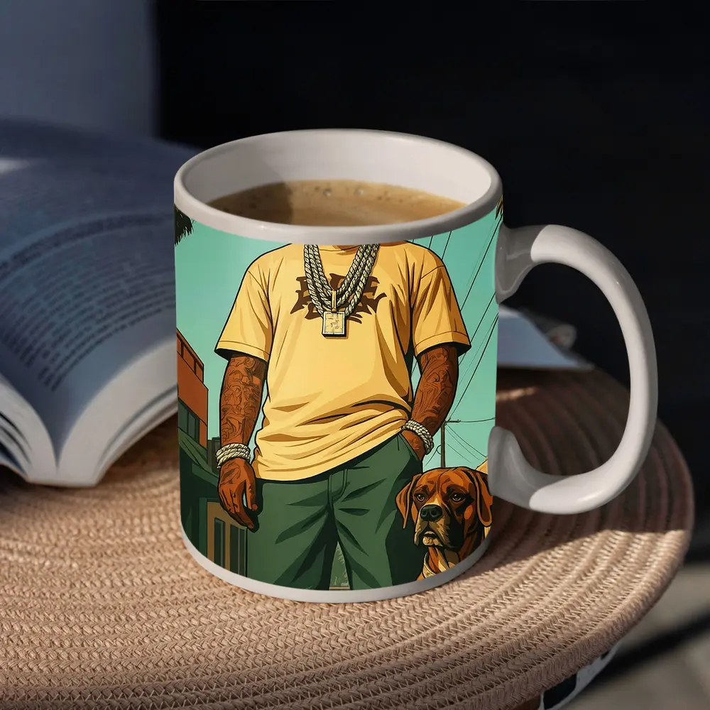 Tattooed Man Boxer Dog Urban Street – Mugs