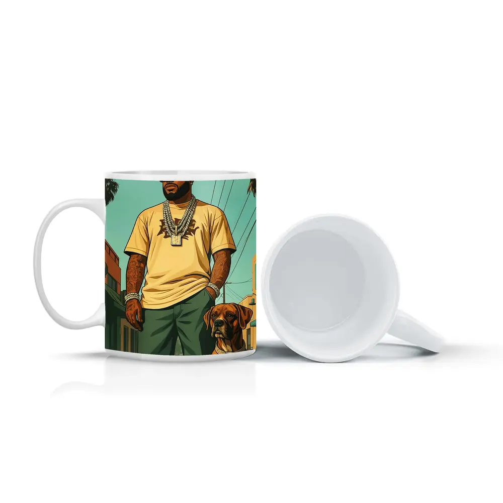 Tattooed Man Boxer Dog Urban Street – Mugs