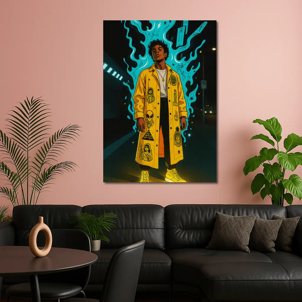 Young Man Yellow Coat Glowing Urban Night – Wall Art