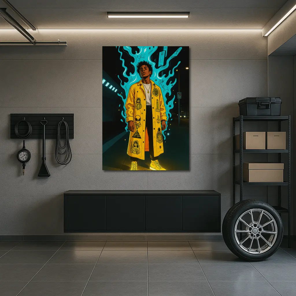 Young Man Yellow Coat Glowing Urban Night – Wall Art
