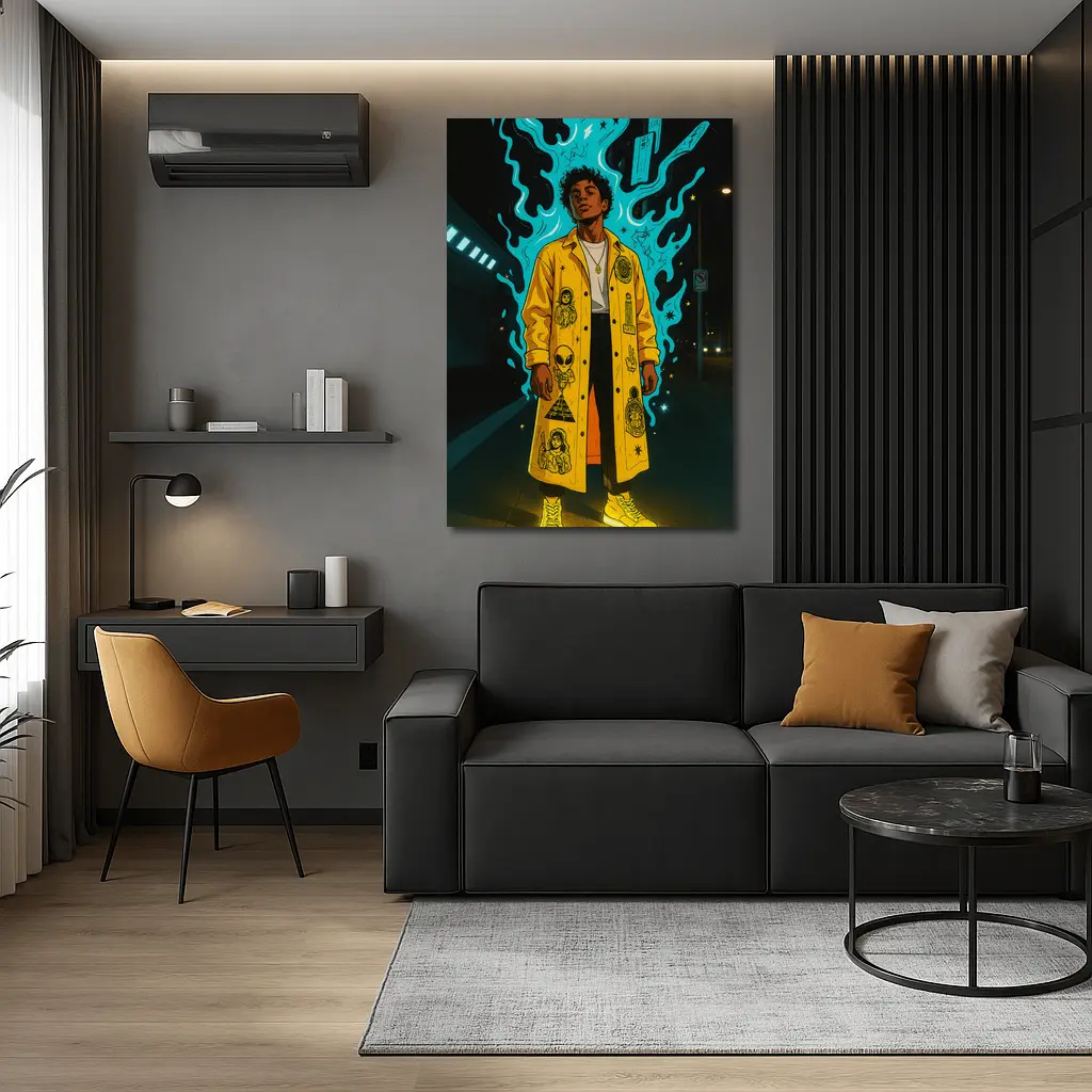 Young Man Yellow Coat Glowing Urban Night – Wall Art