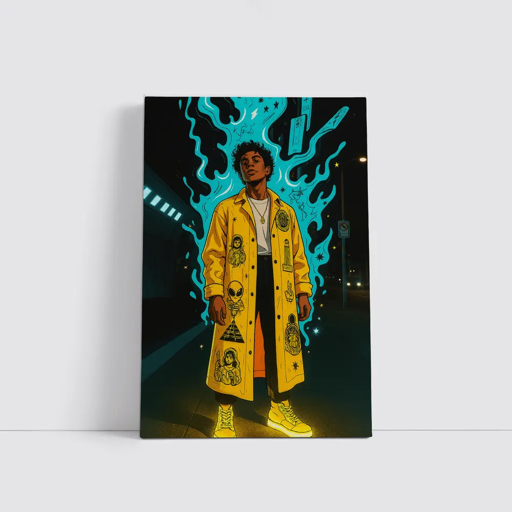 Young Man Yellow Coat Glowing Urban Night – Wall Art