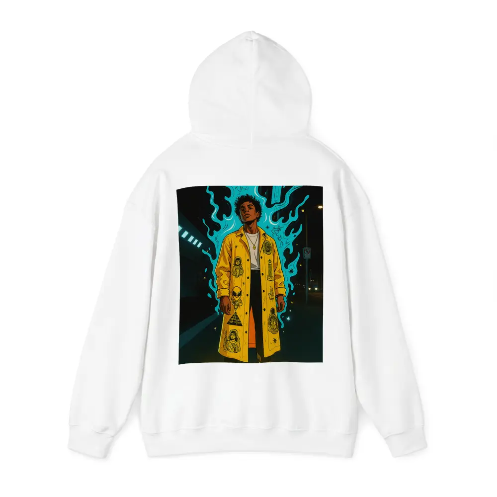 Young Man Yellow Coat Glowing Urban Night – Hoodies