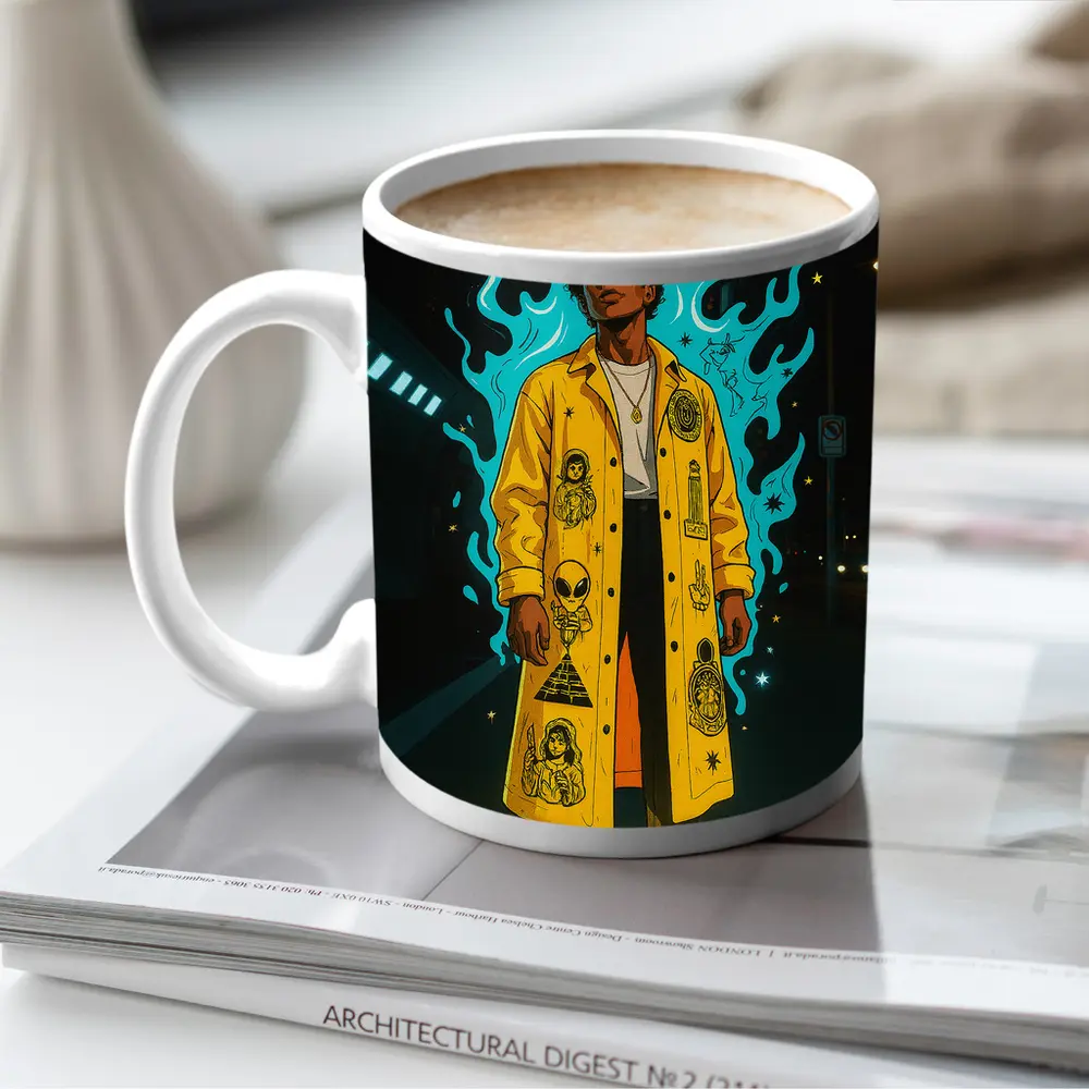 Young Man Yellow Coat Glowing Urban Night – Mugs