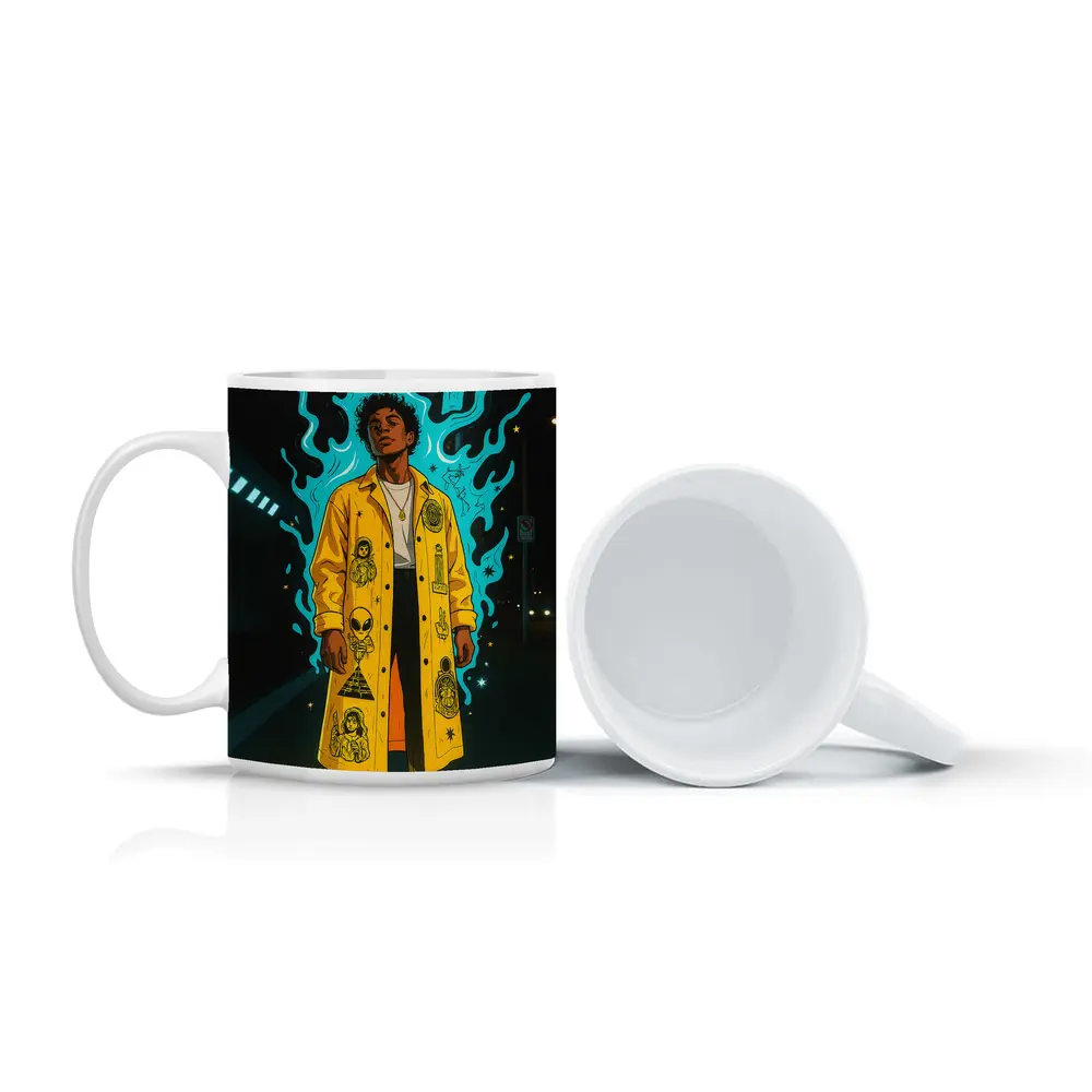 Young Man Yellow Coat Glowing Urban Night – Mugs