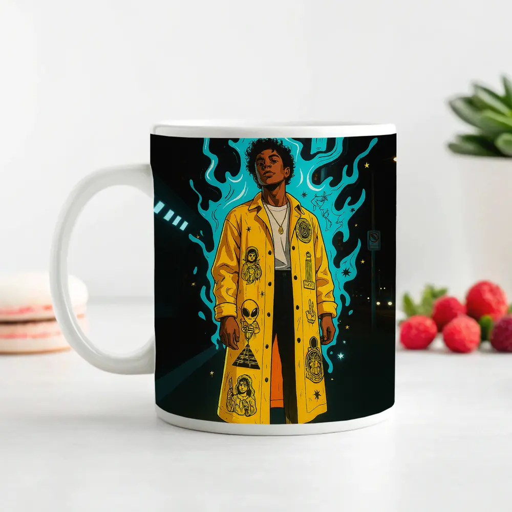 Young Man Yellow Coat Glowing Urban Night – Mugs