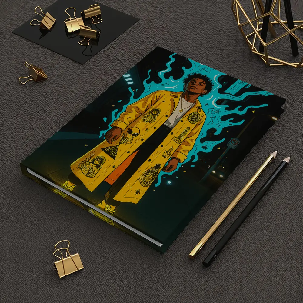 Young Man Yellow Coat Glowing Urban Night – Notebooks