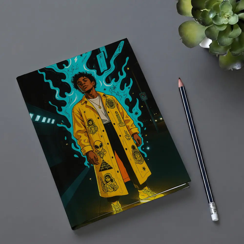 Young Man Yellow Coat Glowing Urban Night – Notebooks