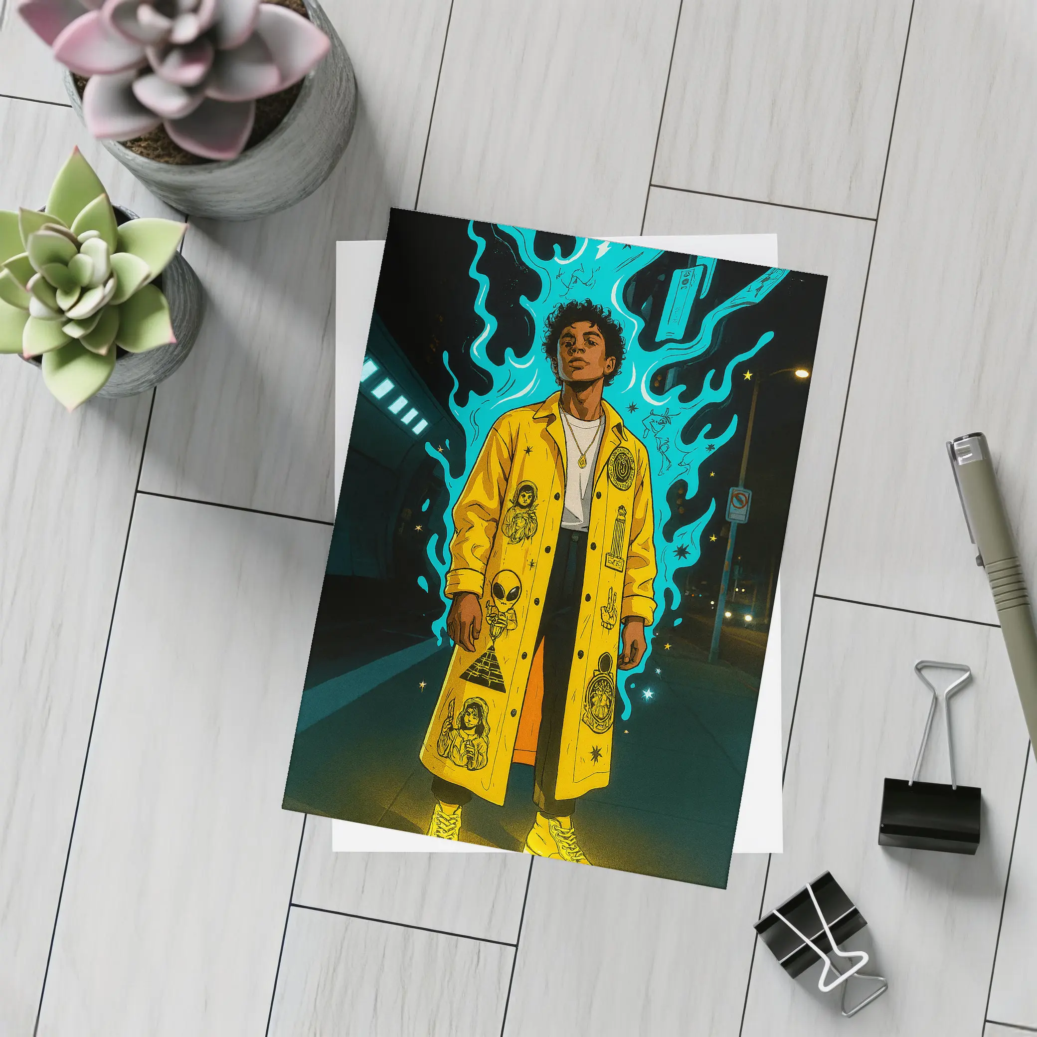 Young Man Yellow Coat Glowing Urban Night – Postcards