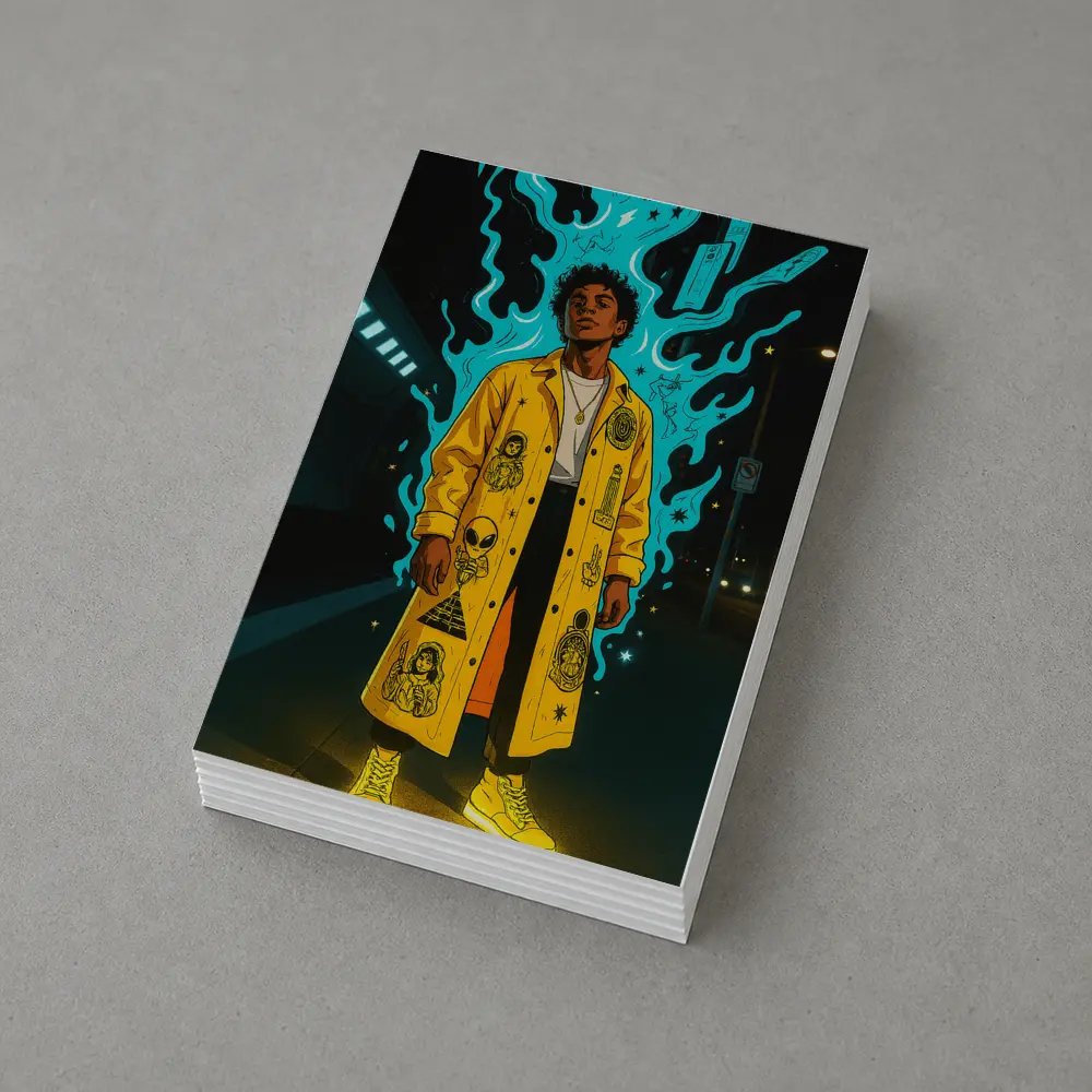 Young Man Yellow Coat Glowing Urban Night – Postcards