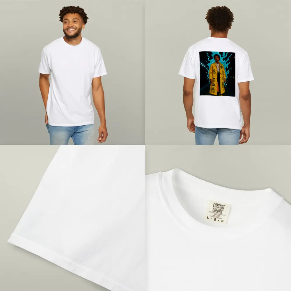Young Man Yellow Coat Glowing Urban Night – T-Shirts