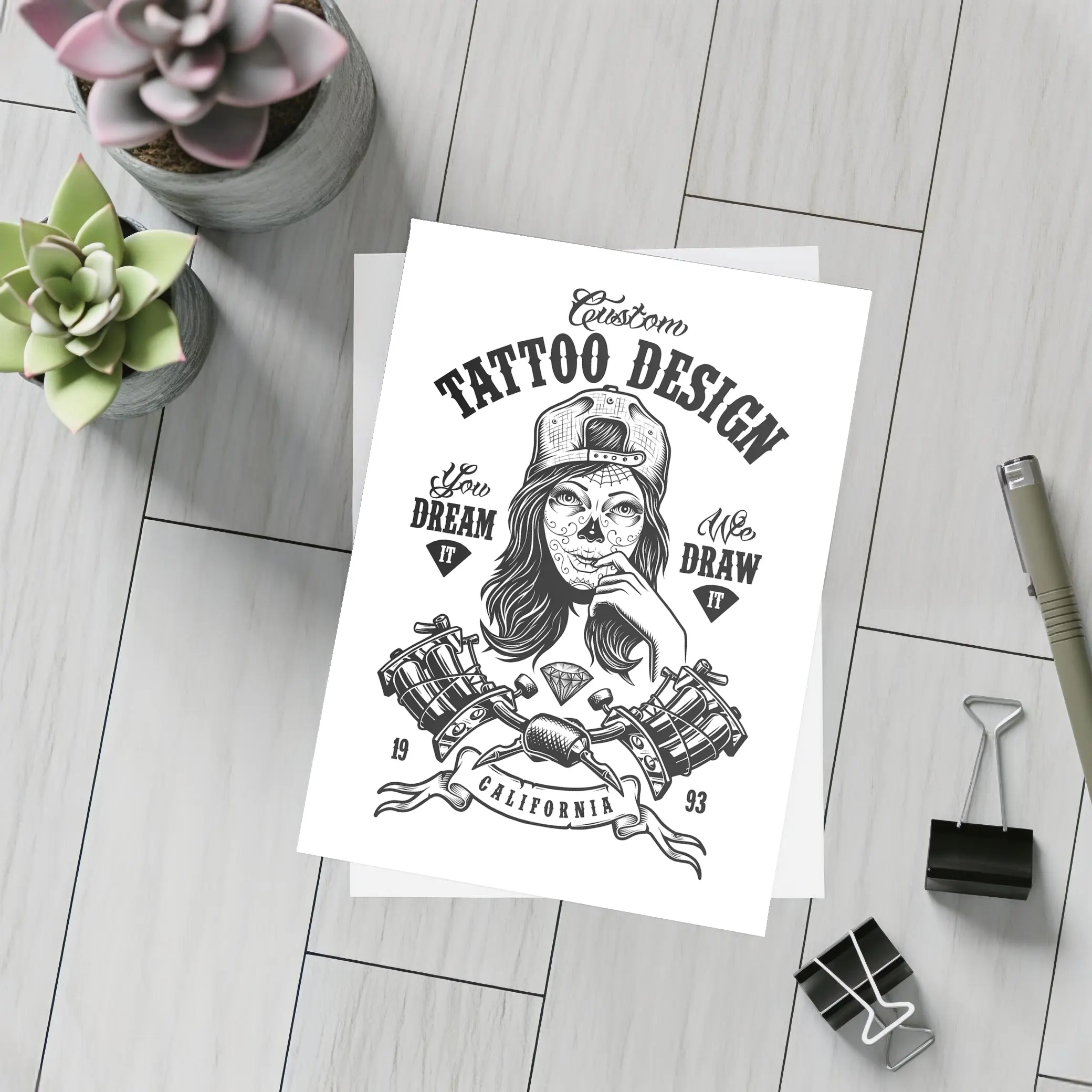 Custom Tattoo Design Sugar Skull Girl California – Postcards