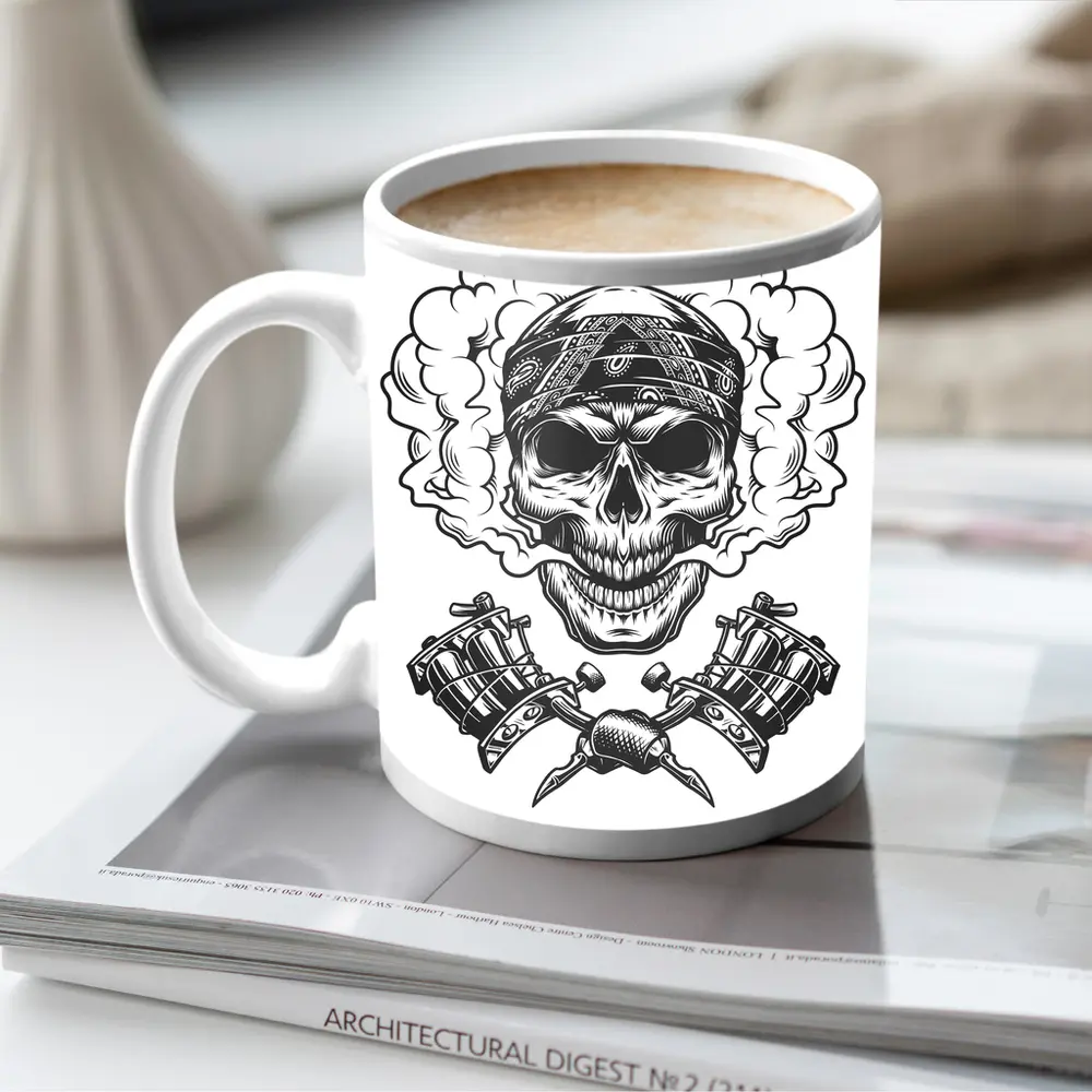 Skull Bandana Crossed Tattoo Machines Smoke – Mugs