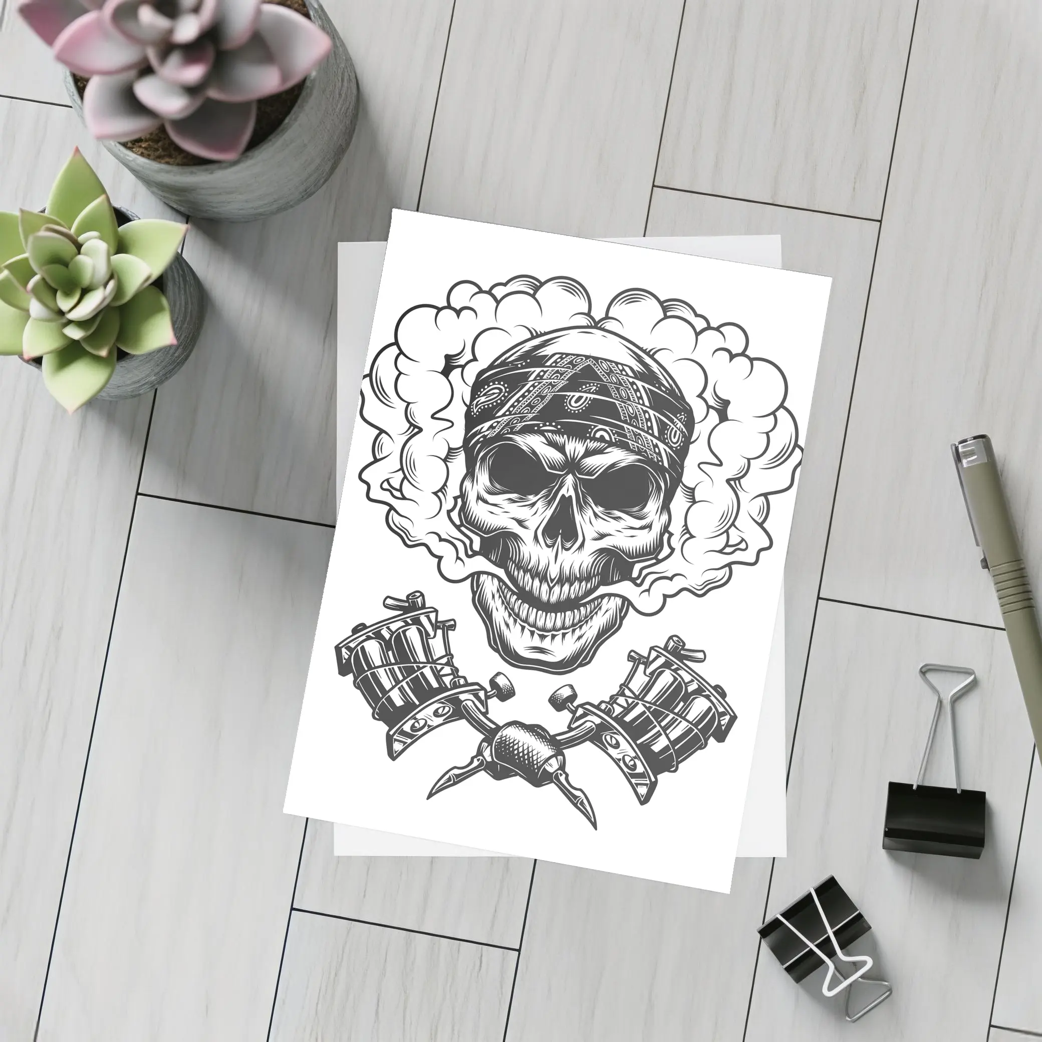 Skull Bandana Crossed Tattoo Machines Smoke – Postcards